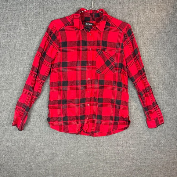Express Boyfriend Flannel Shirt XS Extra Small Red Black Plaid Button Down - Picture 1 of 8